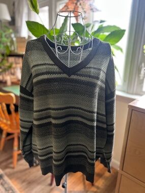 Green and Grey Striped v-neck sweater